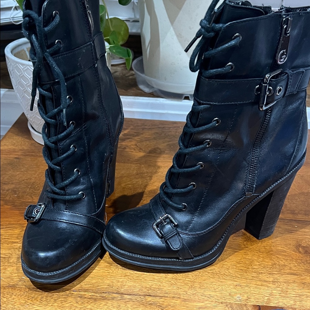 Guess Black Lace-Up Boots with Buckle Detail